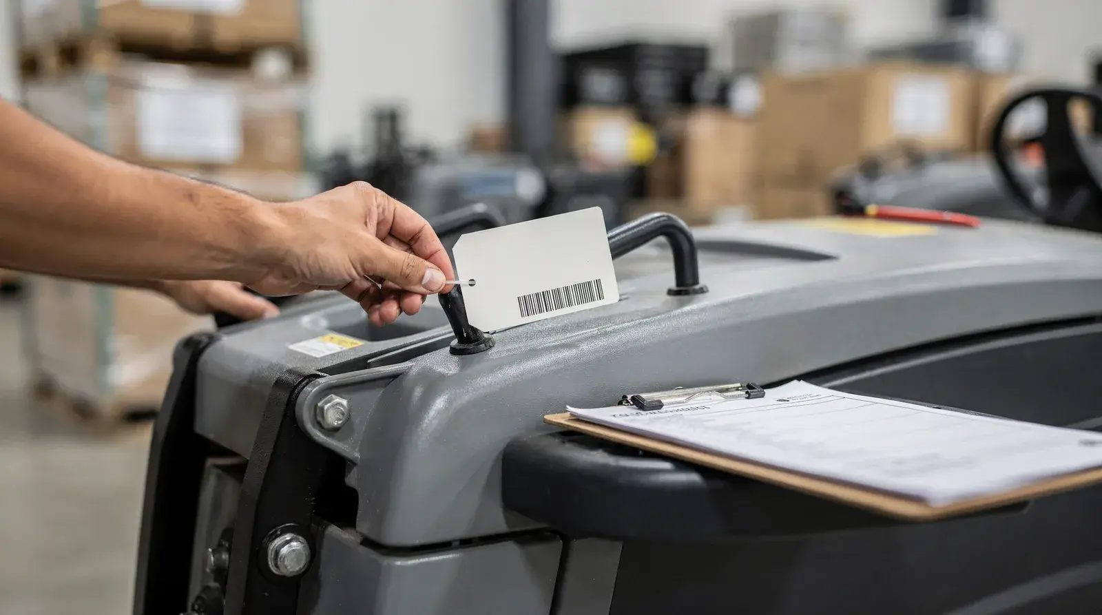 Hand placing an identification tag on heavy equipment beside a clipboard